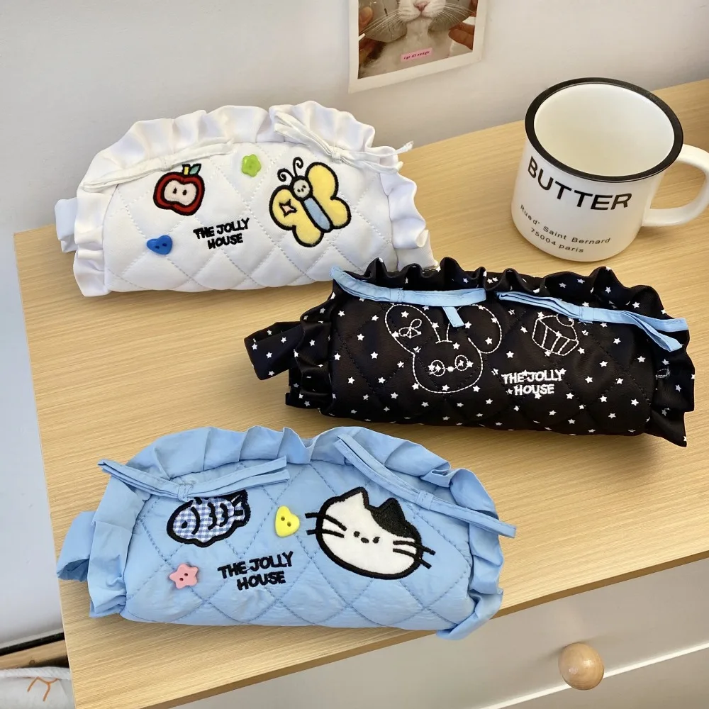 Creative Large Capacity Cartoon Pencil Case Cosmetics Storage Cloth Ruffled Korean Pencil Bag Zipper Portable Makeup Bag Student