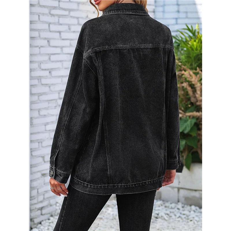 ABGR-Giacca di jeans da donna abbottonata Giacca di jeans blu vintage invecchiata nera grigia L