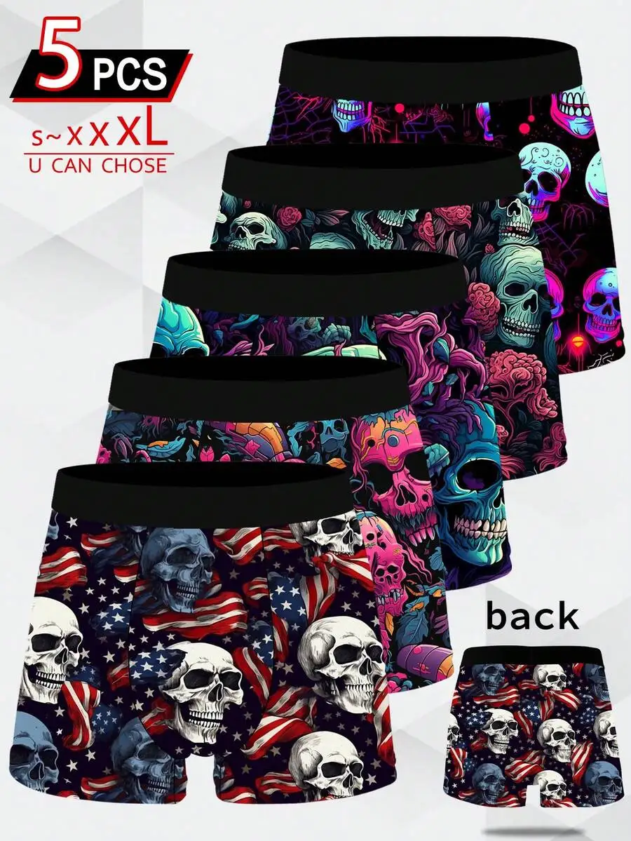 5 Packs Mens Skull Pattern Boxer Shorts American Flag Print Knitted Underwear