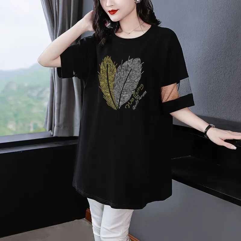 Loose Fashion Mesh Spliced Half Sleeve T-shirt Women\'s Clothing Trendy O-Neck Summer Female Casual Solid Color Diamonds Tops