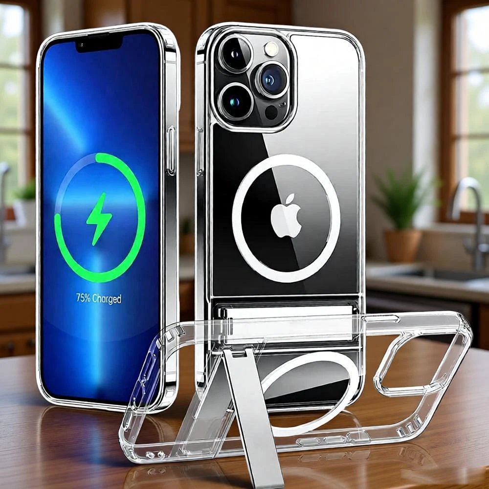 

UYUXIO Crystal Clear Stand Mobile Phone Case Magnetic Back Cover with Kickstand for iPhone 17 Pro Max Case Plus 16 15 14 12 13