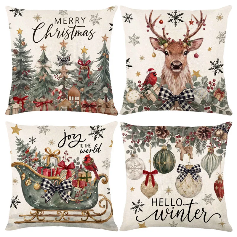 4pcs 45x45cm Christmas Linen Throw Pillows, Suitable for Sofas,bedrooms,cars,and Home Holiday Decorations (without Inner Lining)