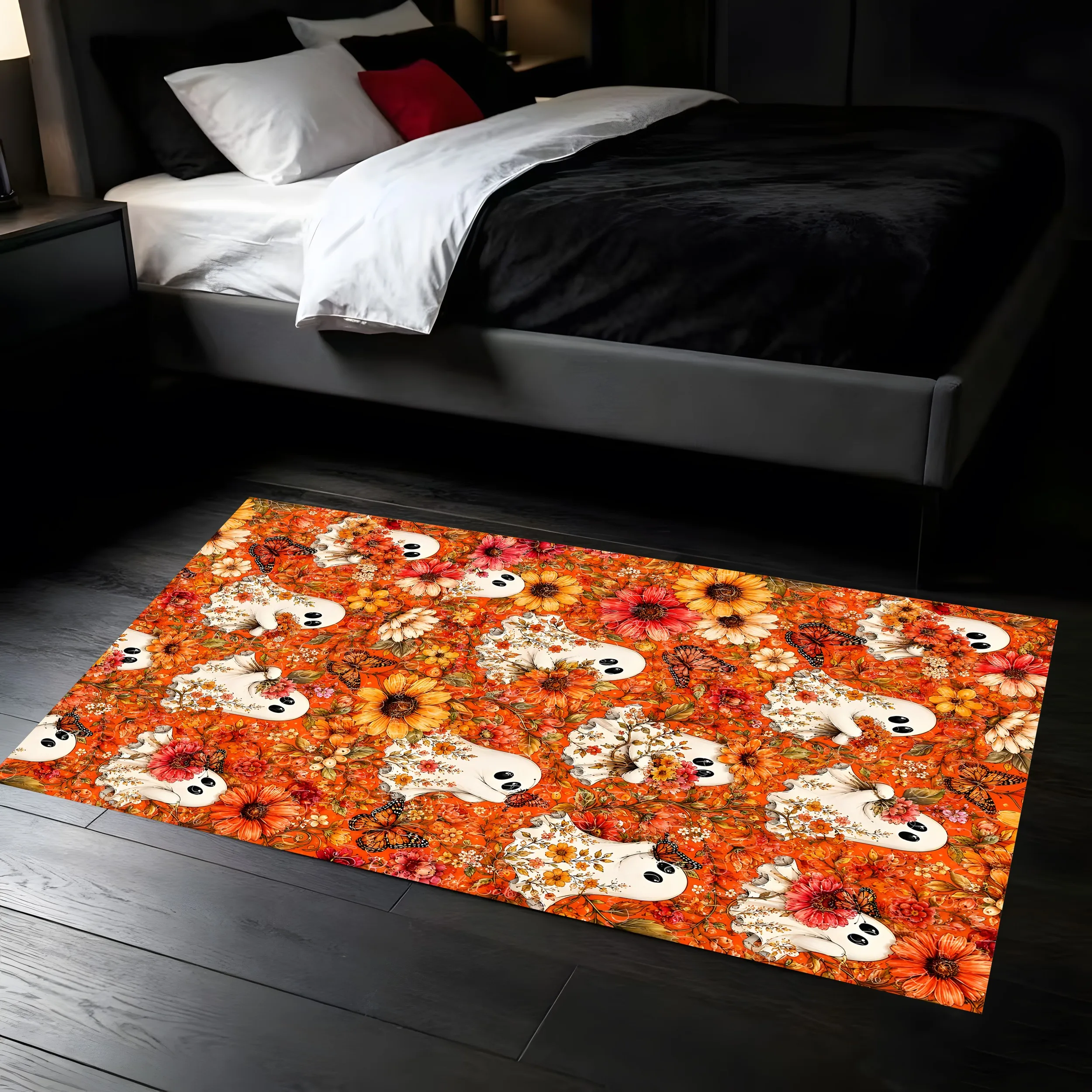 2D Large Carpet Orange Toned Flowers Cute Little Ghosts Adorable Fun Style Warm Eye Catching Halloween Atmosphere