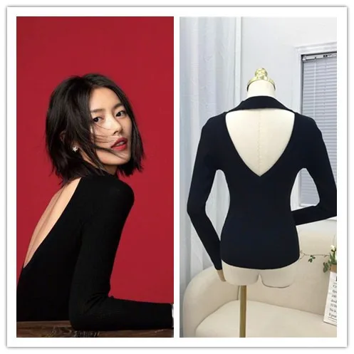 9678 herbst Winter Neue Koreanische Stil Elegante Rundhals Sexy Backless Gestrickte Pullover Langarm Papier Stück Basis Shirt Top