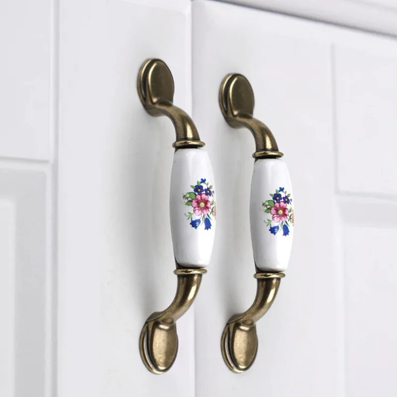Retro Rural Ceramic Pattern Kitchen Drawer Handles Antique Furniture Cabinet Knob Wardrobe Dresser Shoe Cabinets Door Pulls