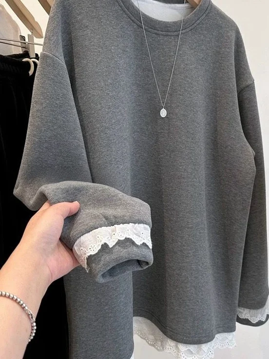 

Женская утепленная флисовая толстовка в корейском стиле с кружевной отделкой, комбинированная, с начесом внутри, облегающая, бархатная рубашка-базовый слой