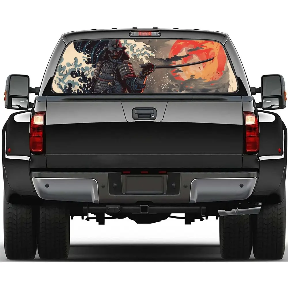 

Японский воин, волна, красное солнце, наклейка на заднее лобовое стекло автомобиля, окно грузовика, прозрачная перфорированная виниловая наклейка на заднее окно, украшение