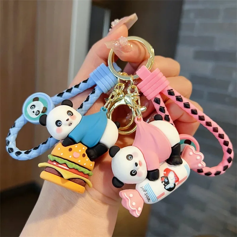 Cute Cartoon Hamburg Panda Keychain Car Doll Bag Pendant Keyring Gift for Kids Friends Accessories Wholesale