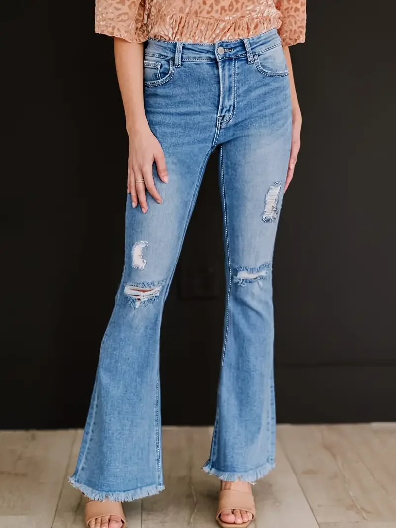 Women Casual Stretchy Flared Jeans Raw Hem Ripped Denim Pants