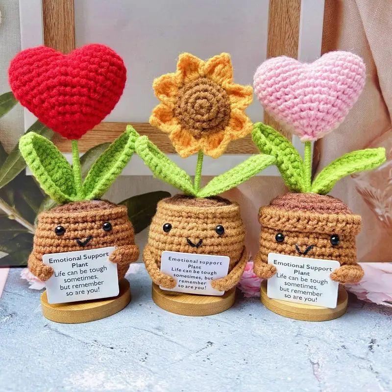 New Positive Energy Heart Flower Hand-woven Dolls Home Room Decor Hug Pocket Knitting Doll Positive Card Desktop Ornament Gifts