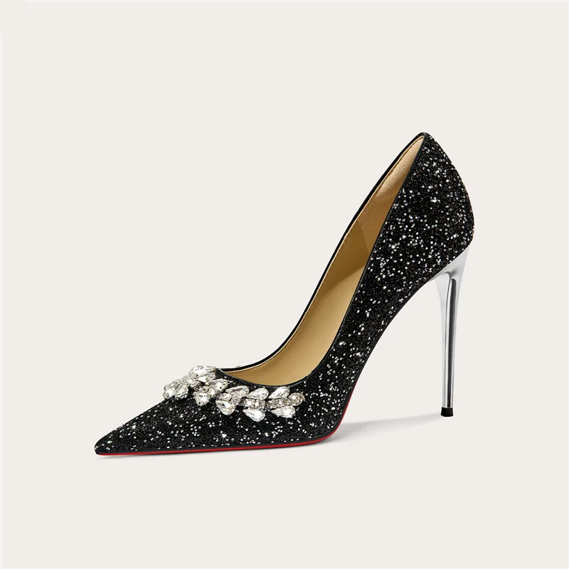 Spring new pointed crystal sequined silk small size single shoe banquet large size widened version slim high-heeled women's shoe