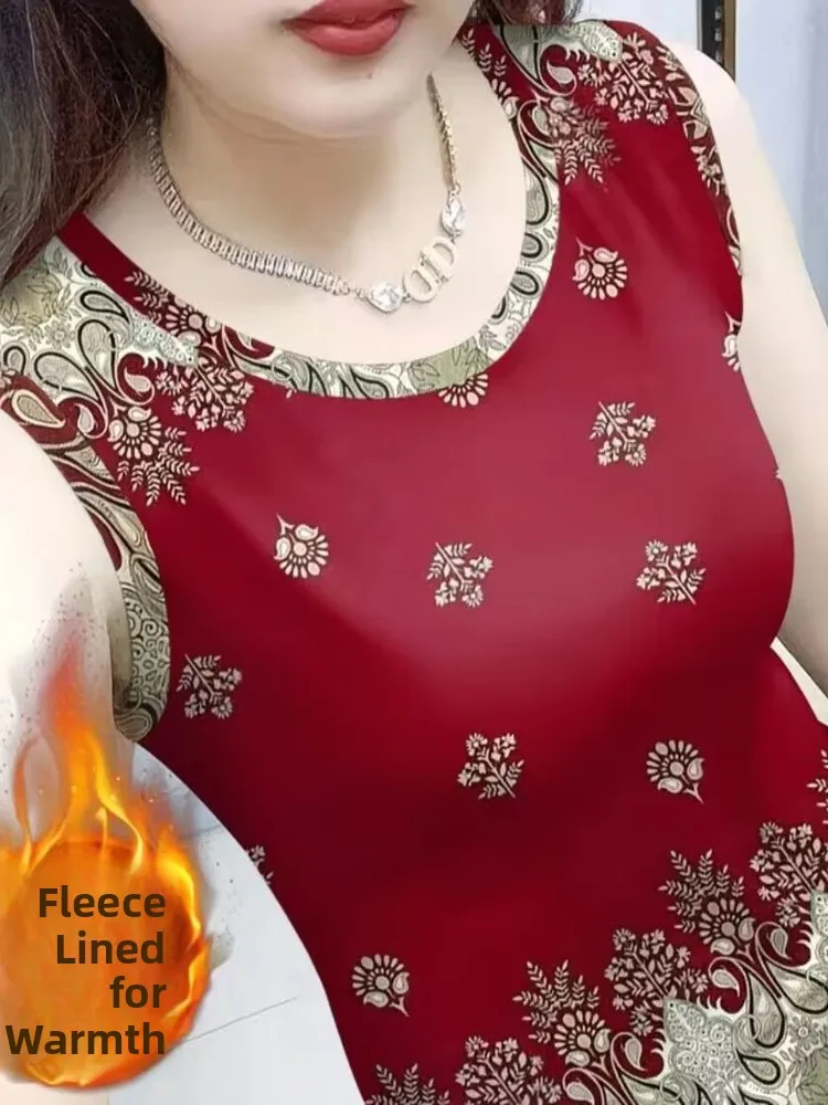 

Warm Base Layer Vest Strap 2025 Velvet Print Svel round Ne Top Women's Faion Commute Sle Thiened Floral Pattern
