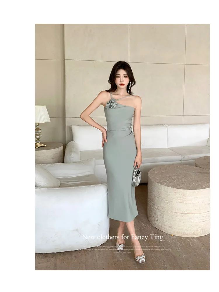 Summer Holiday Sexy Flower Halter Pink Green Long Dress Women Backless Back Split Midi Pencil Dress Resort Seaside Beach Dress