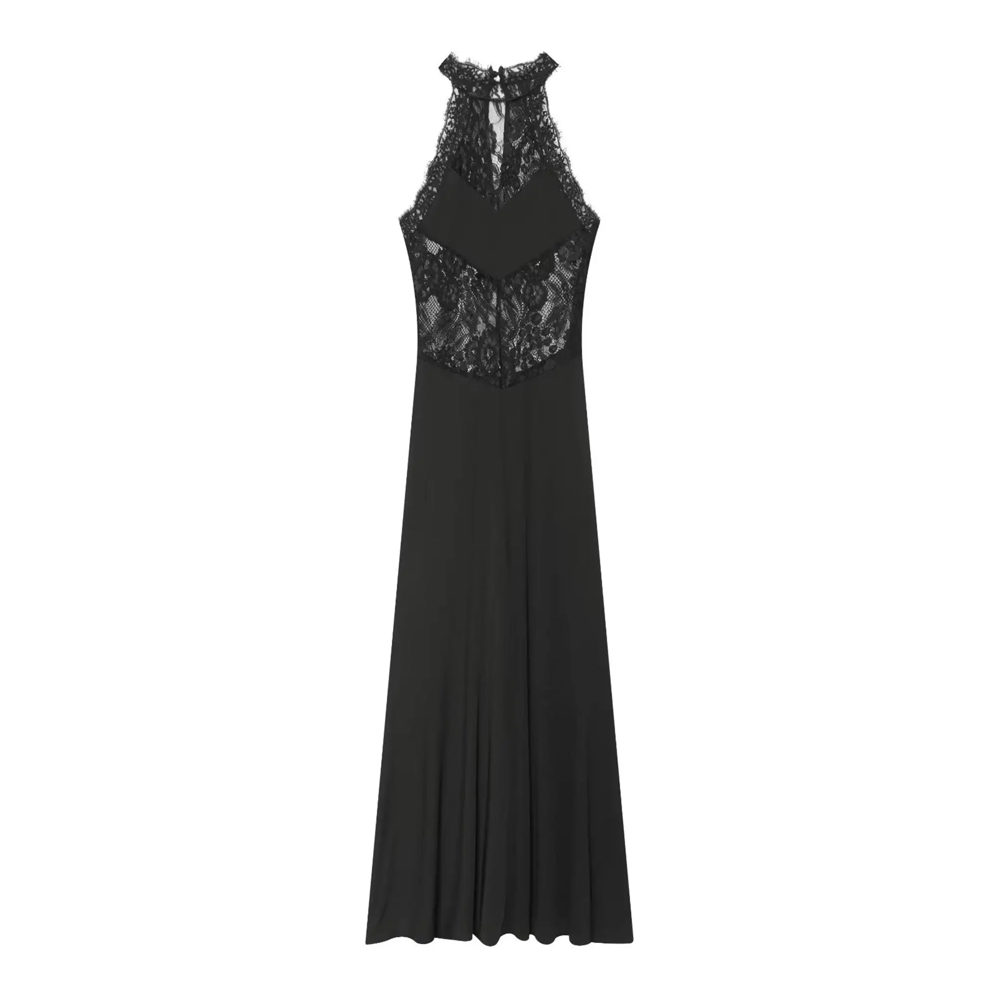 TFMLN Elegantes Damen Sexy Maxikleid, Neckholder Ärmellos, Patchwork-Spitze, Einfarbig, Schmal Geschnitten, Halbtransparentes Partykleid, Sommer Neuheit – Detail 2