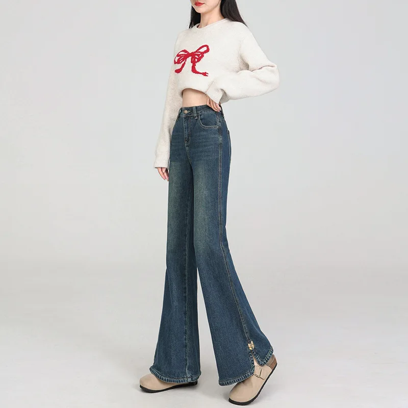 Plus Size Fleece-Lined High-Waisted Split Bootcut Jeans Thick Stretch Figure-Flattering Warm Pants
