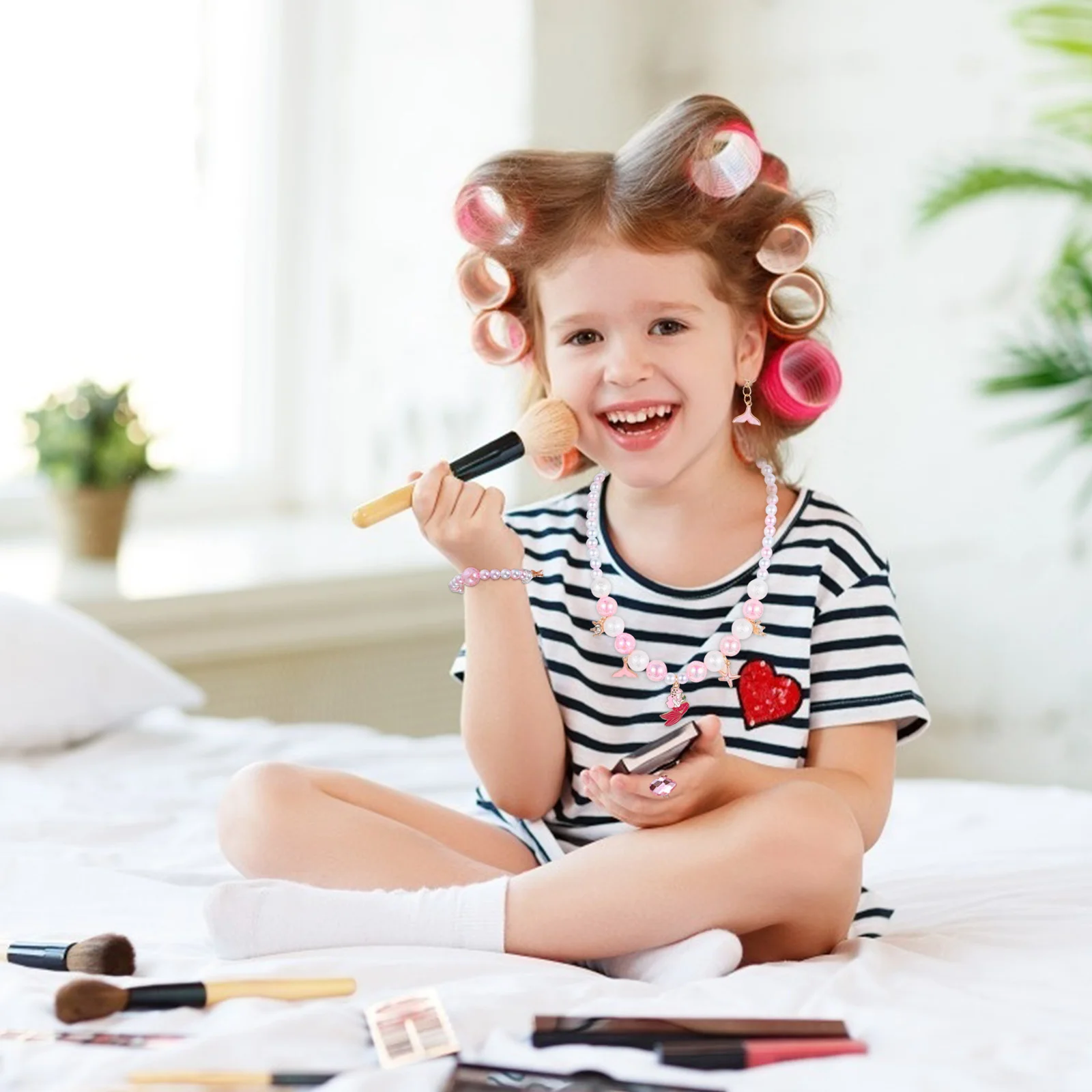 4Pcs Kids Mermaid Beaded Bracelet Ring Necklace Dangler Colorful String Jewelry Cartoon Alloy Wrist Decor Gift