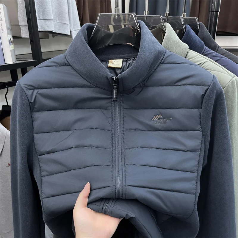 2026 New Fleece Patchwork Jacket for Men's Autumn and Winter Lightweight Stand Up Collar Casual Jacket for Warmth
