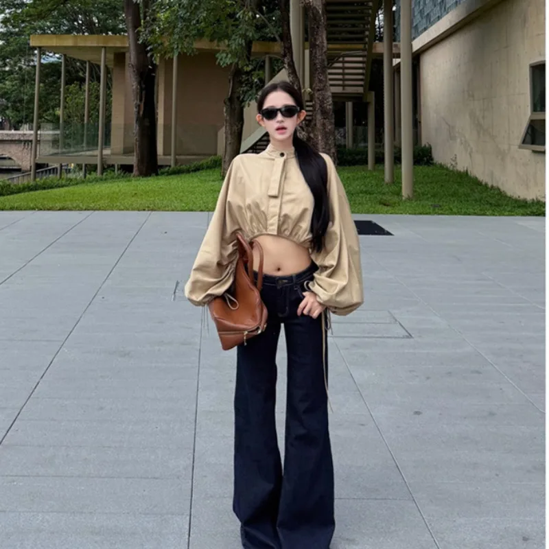 Fashionable Stand Collar Shirt Short Outerwear Women's Premium Quality Slimming Hem Drawstring Autumn 2026 New Arrival
