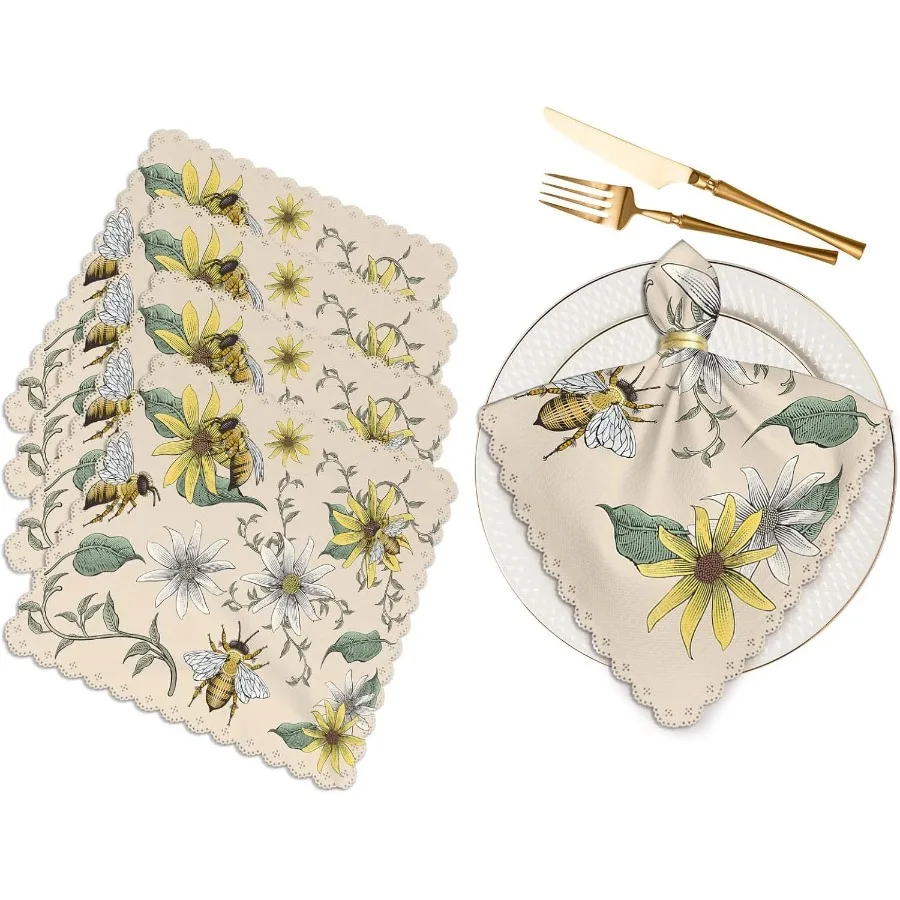 

Медоносные пчелы и цветы, тканевые салфетки, салфетки для обеденного стола, красочные ретро подсолнухи, ромашки, цветочные животные, нарисованные вручную моющиеся Реу