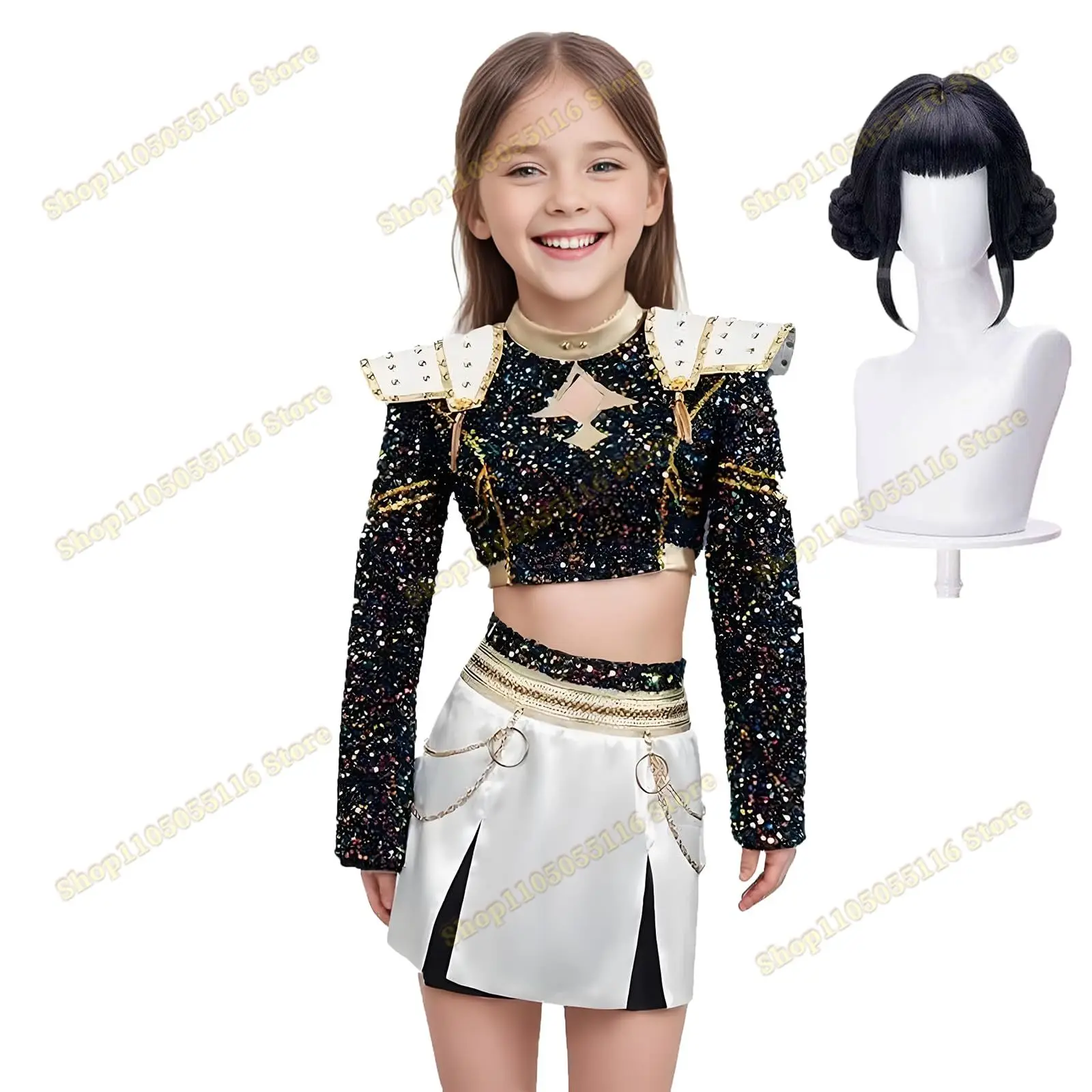 KPop Zoey คอสเพลย์ชุดวิกผมรองเท้าสีดําเสื้อร้องเพลงชุดเพลง-โปรโมชั่นเครื่องแต่งกายเด็กฮาโลวีนเล่นบทบาทชุด