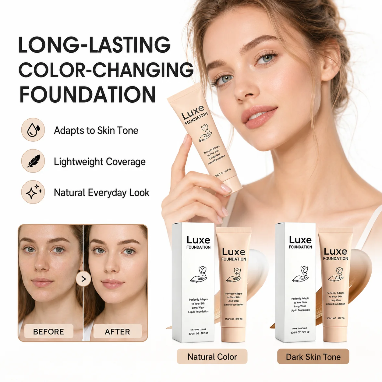 Adaptive Skin Match Color Changing Foundation Lightweight Natural Coverage Breathable Liquid Makeup Long Wear Daily Base Look