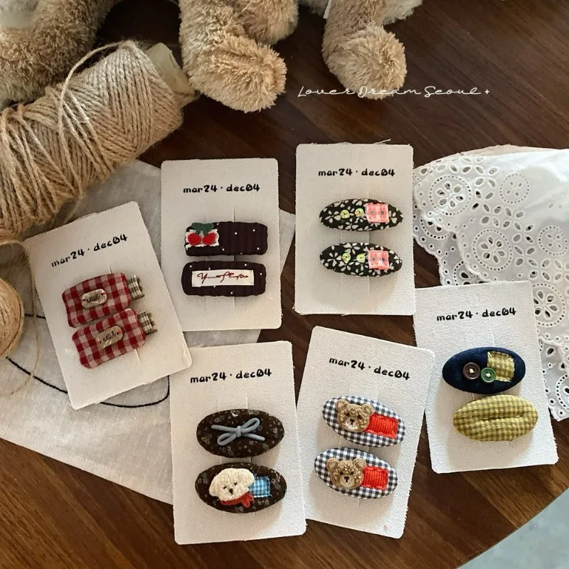 Hand Embroidered Dog Cherry Plaid Fabric Hair Clip Cute Side Bangs Fringe Holder for Girls Women Daily Non Slip Premium Quality