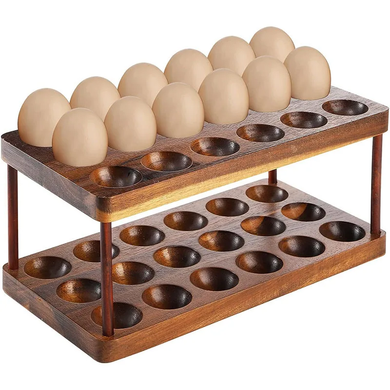 Solid wood egg holder Household kitchen storage rack Egg storage rack Double shelf Kitchen table top egg holder