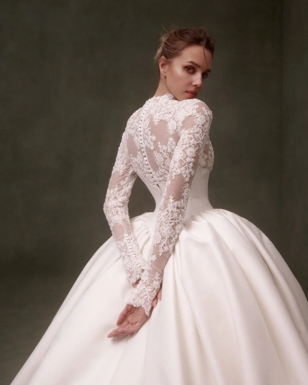 LumiGown High Neck Long Lace Sleeve Ballgown Wedding Dress Sheer Floral Lace Bodice Button Back Satin Puffy Bridal Gown
