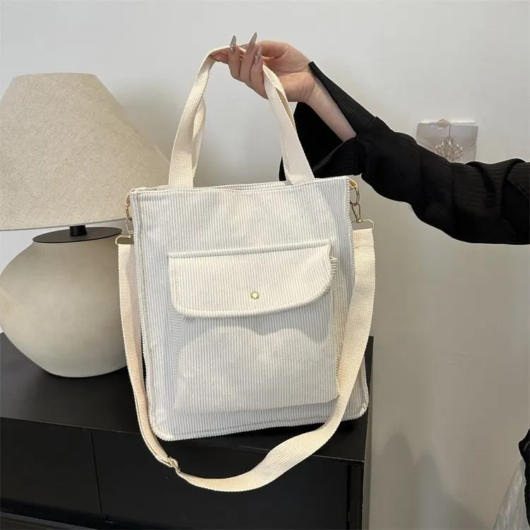 

2025 Spring Corduroy Tote Bag Large Capacity Shoulder Bag for Women Trendy Student Book Bag Fashionable Influencer Purse