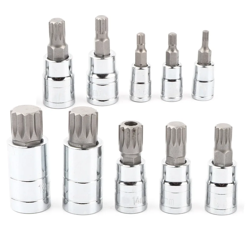 10PCS M4-M18 Triple Square Bit Set 1/4 3/8 1/2 Inch Drive Chrome Vanadium Steel 12 Point Bit Set 12 Point Profile