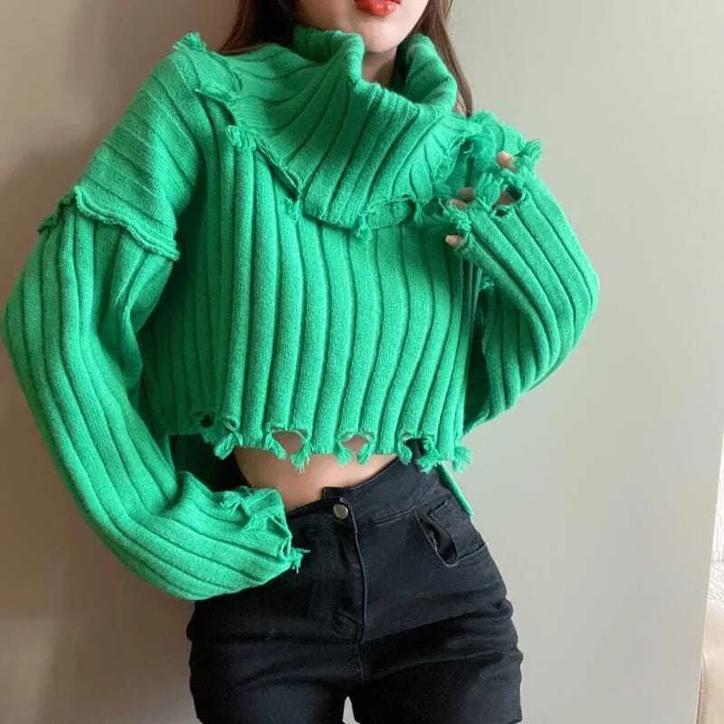 Autumn Winter Women Turtleneck Sweaters Street Do The Old Short Knitted Pullover Female Green White Casual Jumper