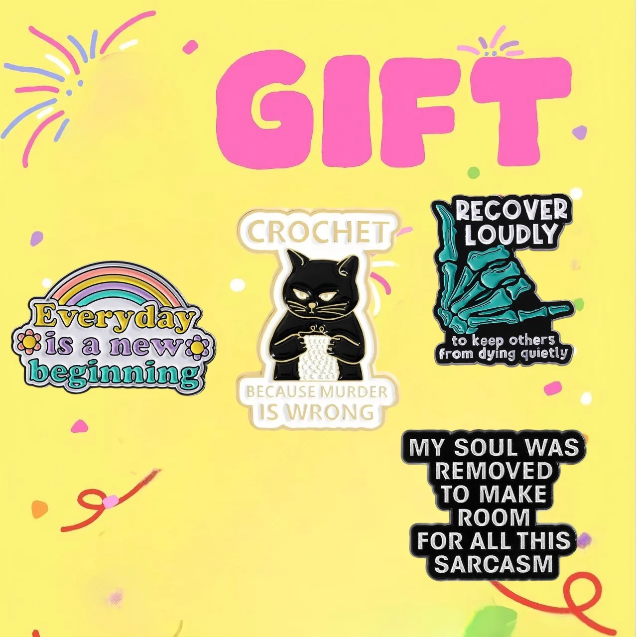 BECAUSE MURDER IS WRONG Enamel Pin Cartoon Cat Crochet Animal Metal Pins Backpack Clothing Brooches Badge Deco Jewelry Gift