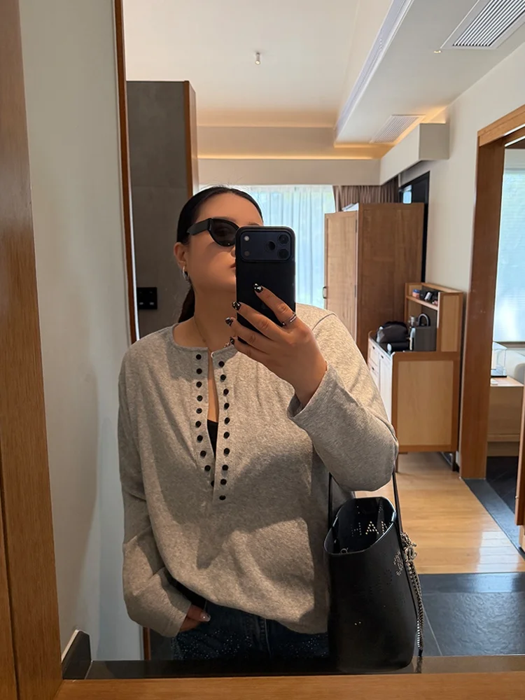 

Loose Fit Casual Long Sleeve T-Shirt Half Button Decorative Minimalist Relaxing Lazy Large Size Women's Fashion Pencil XiaoXin