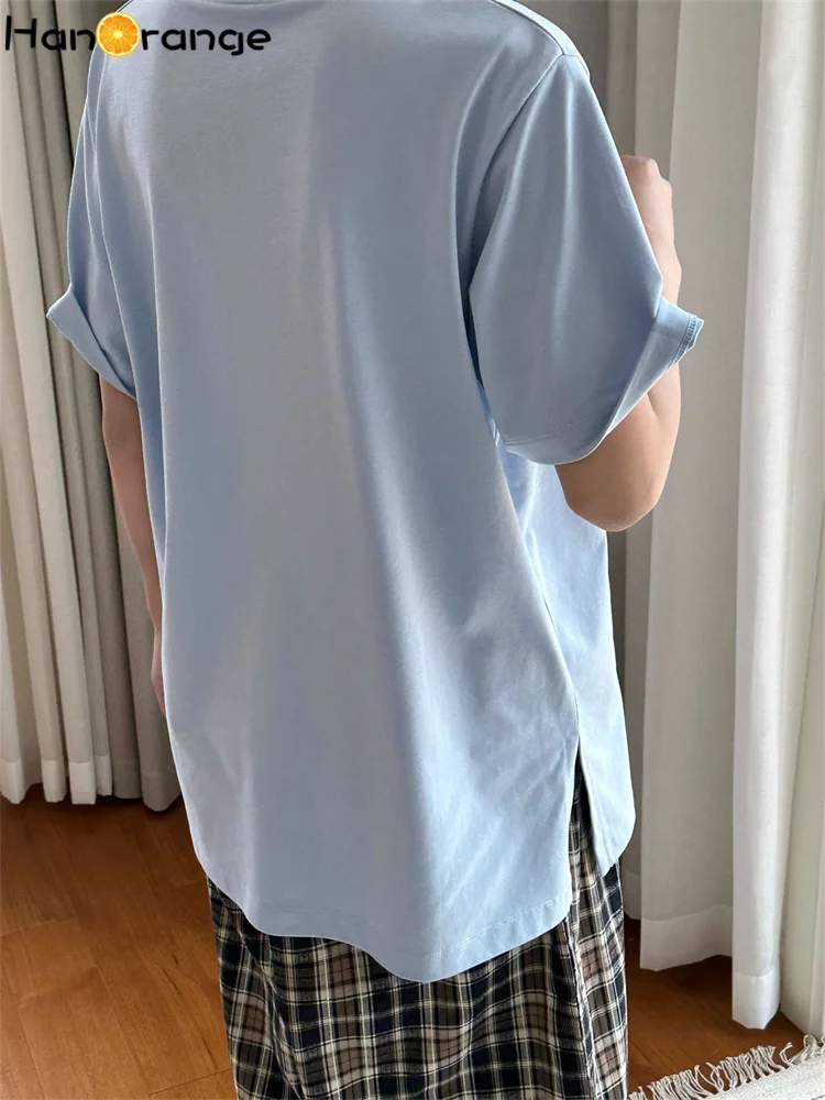 HanOrange 2025 verano silueta Simple versátil Camiseta de manga corta mujeres seco transpirable suelta Top camisetas marrón/azul claro