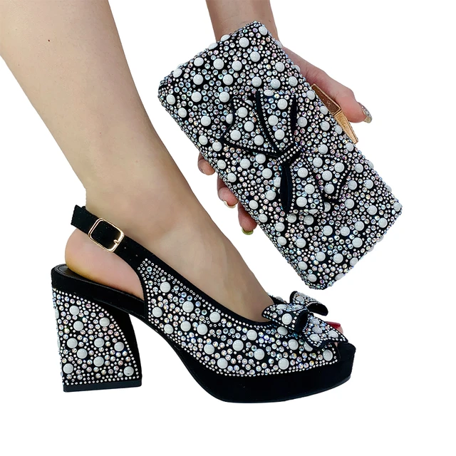 Butterfly Women Chunky Shoes and Bag Italian Style Female Square Heels with Clutch Purse Italy Fashion Sandals and Handbag Set