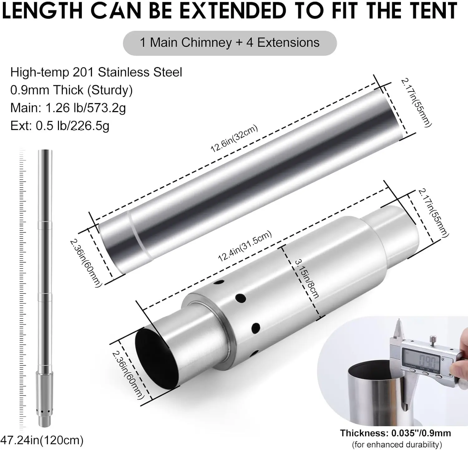 CHANGE MOORE Stainless Steel Tent Stove Chimney Pipe Set Thickened Smokeless Secondary Burn Pipe with 3PCS Extension Hot Tent