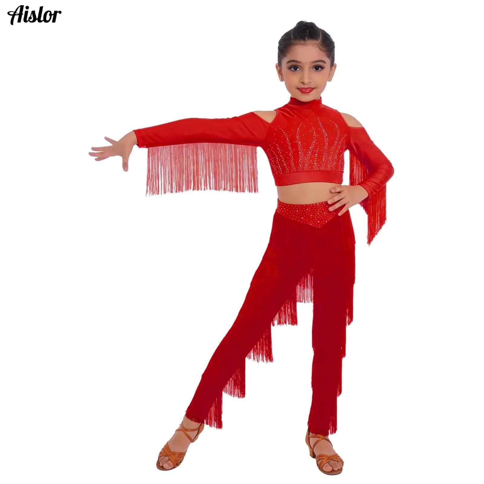 

Kids Latin Dance Pantsuit Stage Performance Costumes Ballroom Fringe Tassel Crop Pants Girls Salsa Samba Children Stage Outfits