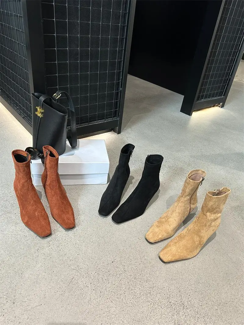 Tylny suwak buty damskie na zamek błyskawiczny buty buty-kobiety Med do połowy łydki do połowy łydki wysoki obcas jesienne spiczaste gumowe 2023 PU