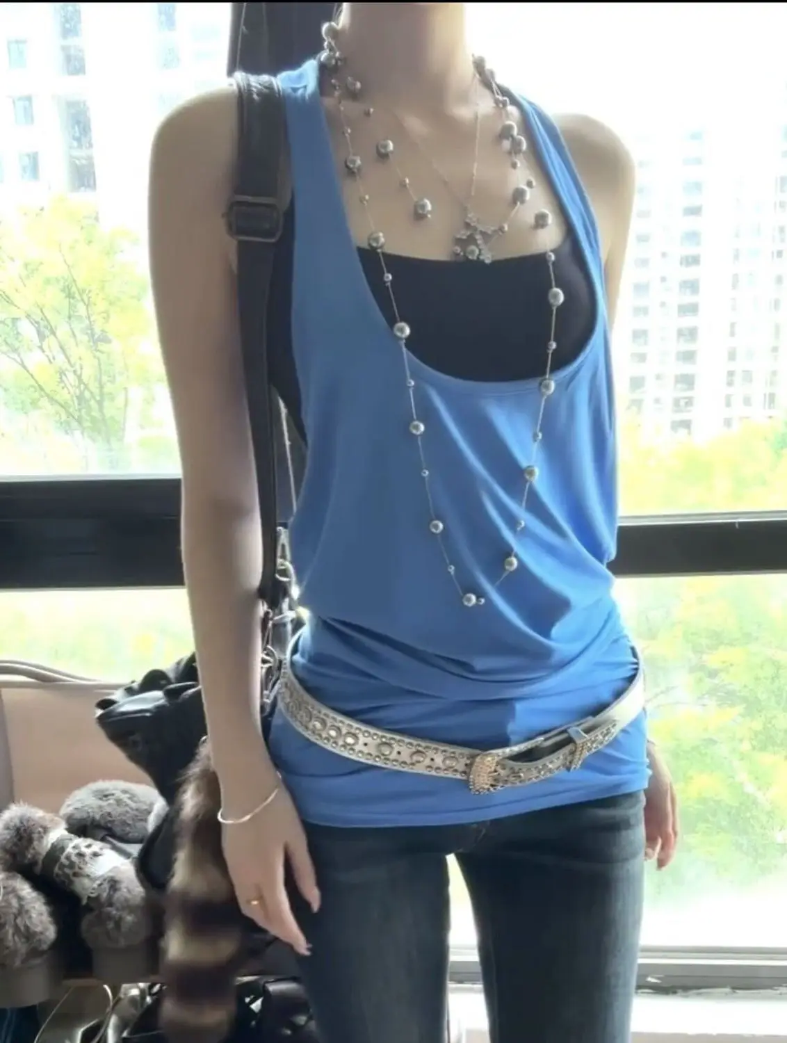 2026 Summer Layering Suit Blue U-neck Sleeveless Vest Feminine Feel Spicy Girls Slim Fit Slimming Millennial Y2k Top