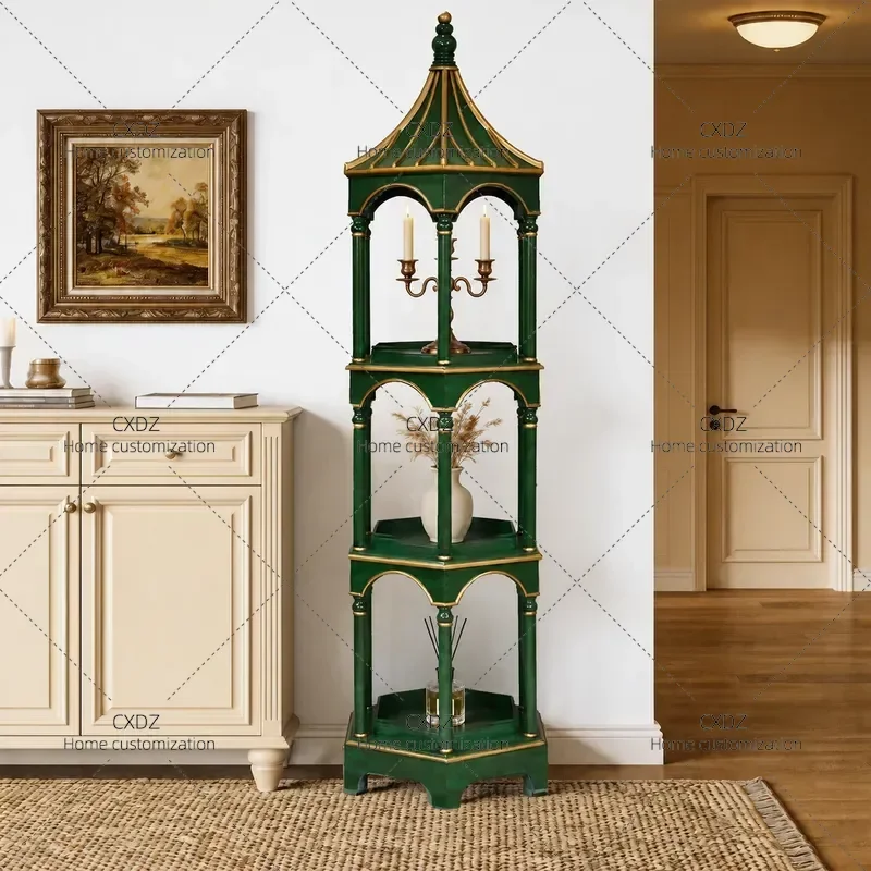 Retro Green Pagoda Shaped Three Tier Shelf Home Decor Display Stand Carved Art Storage Rack for Living Room Bedroom