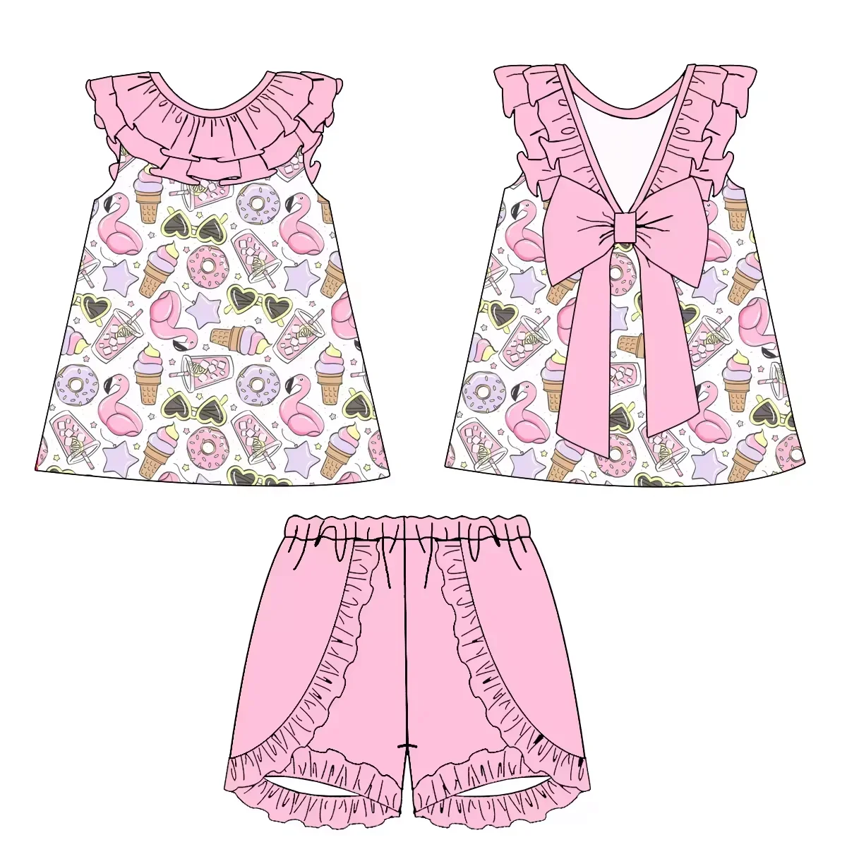 Summer girl series sleeveless lace bow cartoon cone sunglasses printed shorts lace boutique children's set