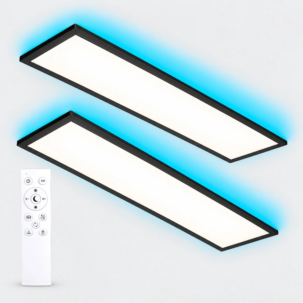 2 lampade da soffitto a LED RGB, 120x30 cm, 40 W, 4400 lumen, pannello dimmerabile con telecomando, temperatura colore 3000K-6500K, ideale per soggiorno e camera da letto.
