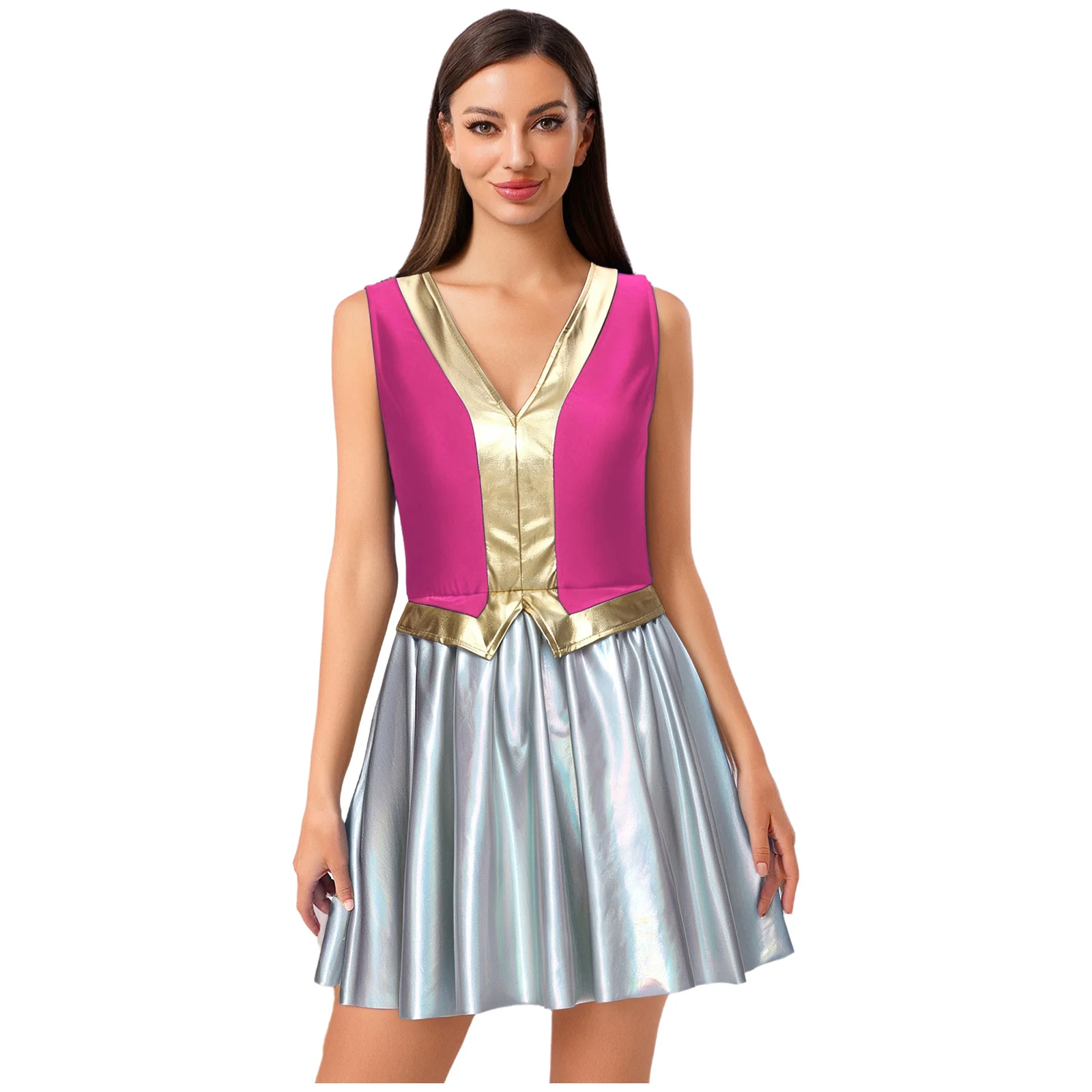 

Women Arab Princess Dress Halloween Masquerade Sleeveless Contrast Color Patchwork Metallic Tutu Dress for Carnivals Party Club