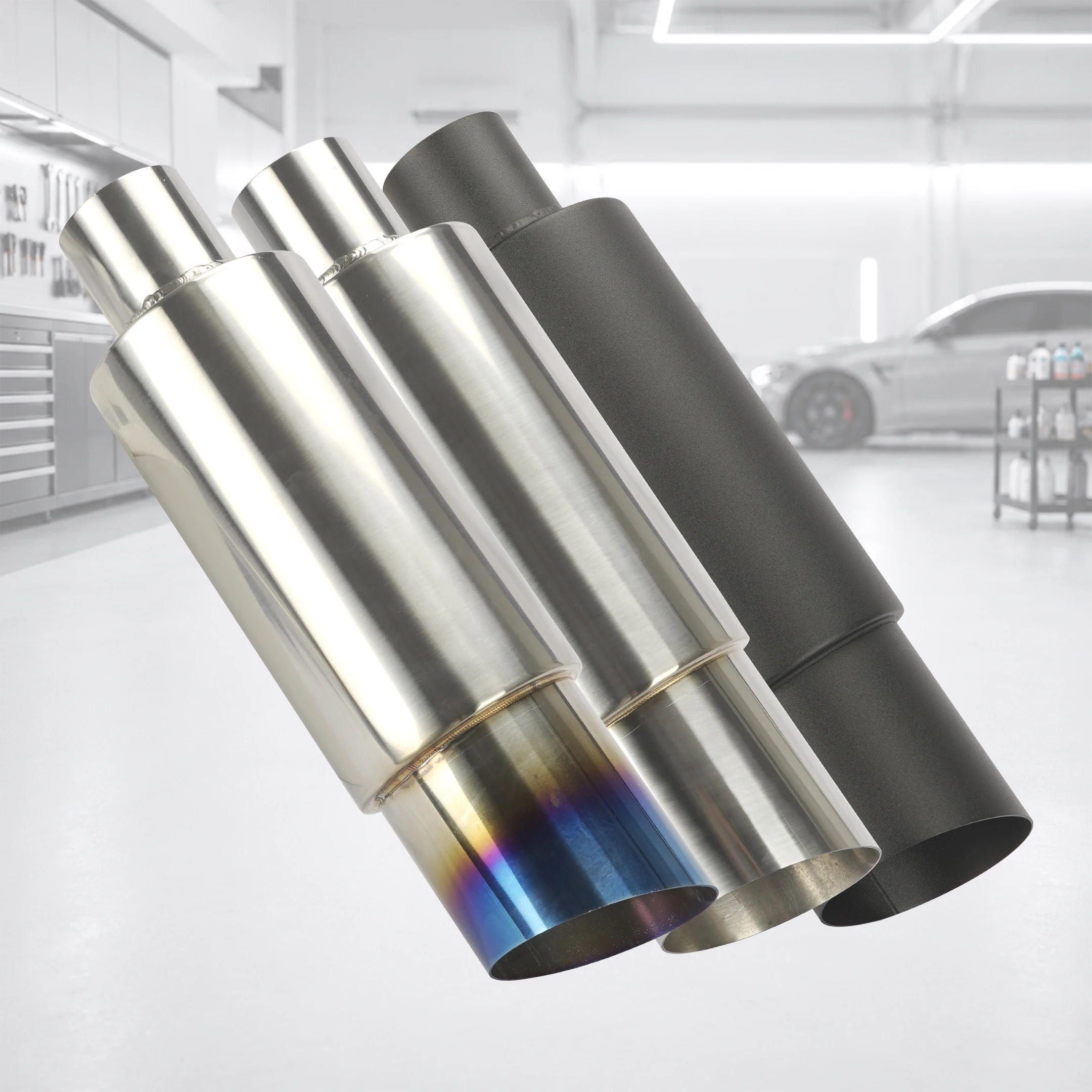 High Performance Exhaust Muffler with Burnt Blue Tip 51 57 63mm Inlet 89mm Outlet Stainless Steel N1 Style Straight Through Pipe