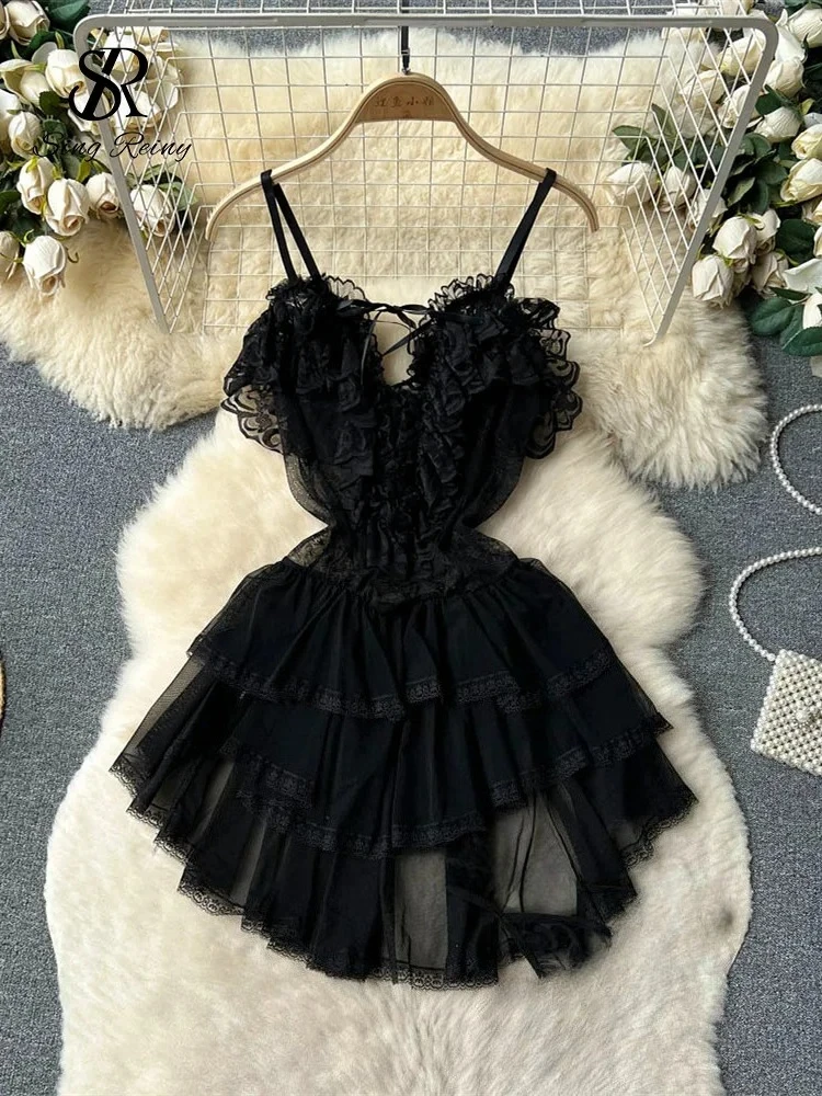 Ruffles Sweet Cake Lace Dress Women Strap Lace Up Backless Mesh Sexy Fashion Party Mini Comfortable Dress - view 4