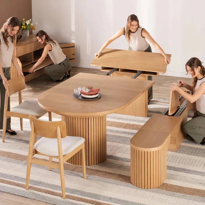 Foldable retractable dining table Solid wood round variable oval elongated large round table Household small apartment dining