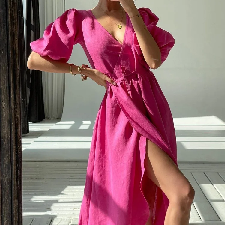 Ele High Waist  Color Women's Dr with Sa And Slit Bubble Sves Long V-Ne A-Line Summer Polyester Gown
