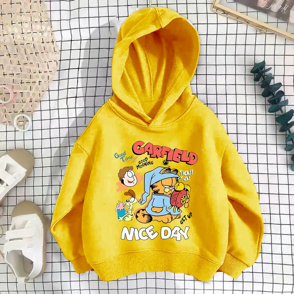 Sudadera con capucha con estampado de dibujos animados Garfield para niños, ocio al aire libre, Jogging, Tops deportivos, ropa para niños, ropa de calidad para niñas, Otoño e Invierno