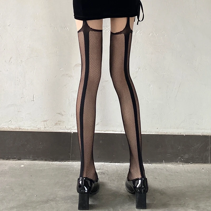 Women Black Stockings With Belt Set High Fishnet Tights Erotic Lingerie Sexy Pantyhose Long Mesh Lace Stocking Jacquard Rosette image 2