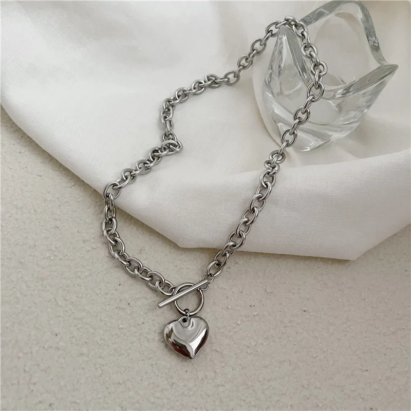 Punk Stainless Steel Long Thick Chain Toggle Heart Pendant Necklace For Women Men Goth Choker Necklaces 2024 Trend Neck Jewelry